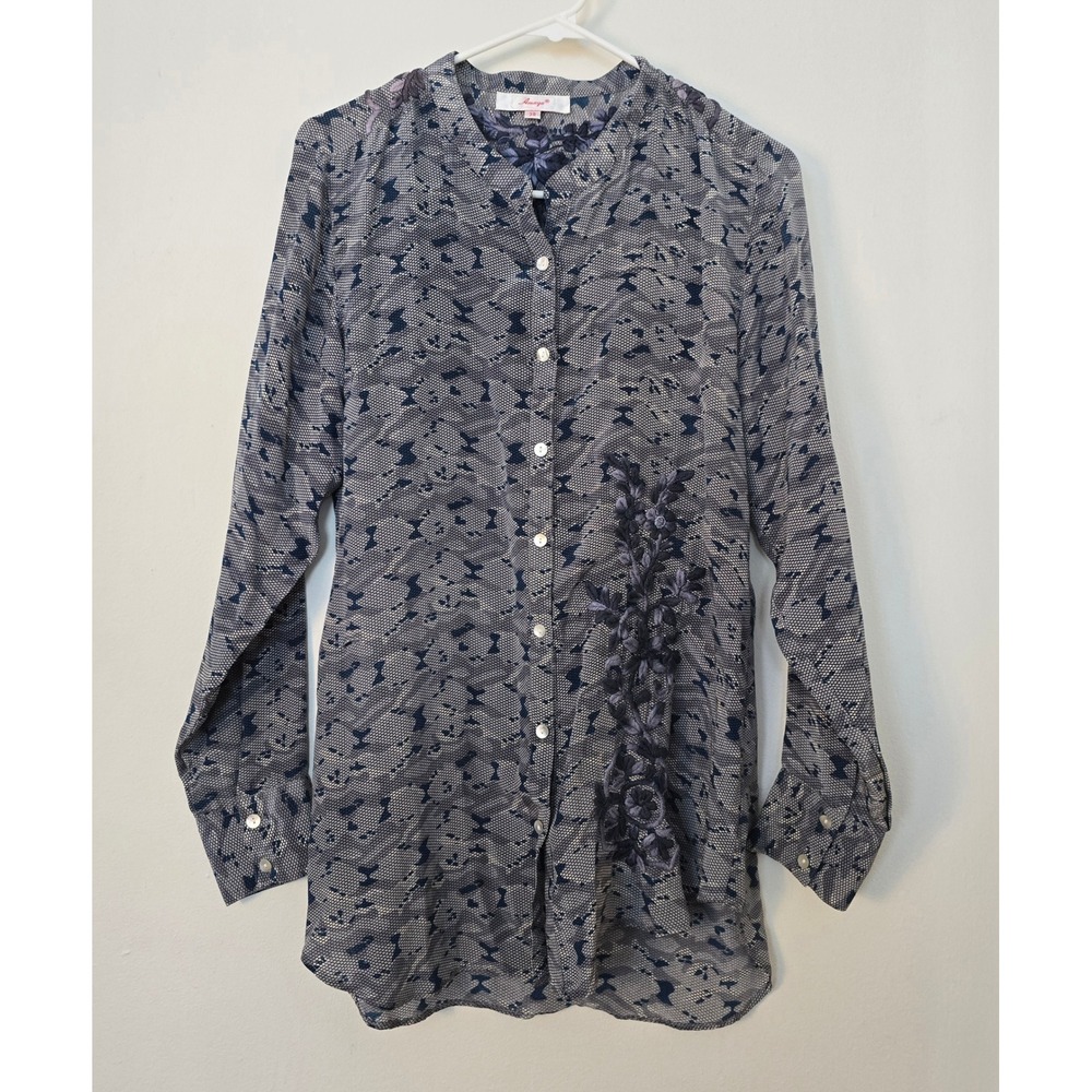 Amaya Silk Blouse Embroidered Top Gray Blue Long Sleeve Button Down 38 Medium